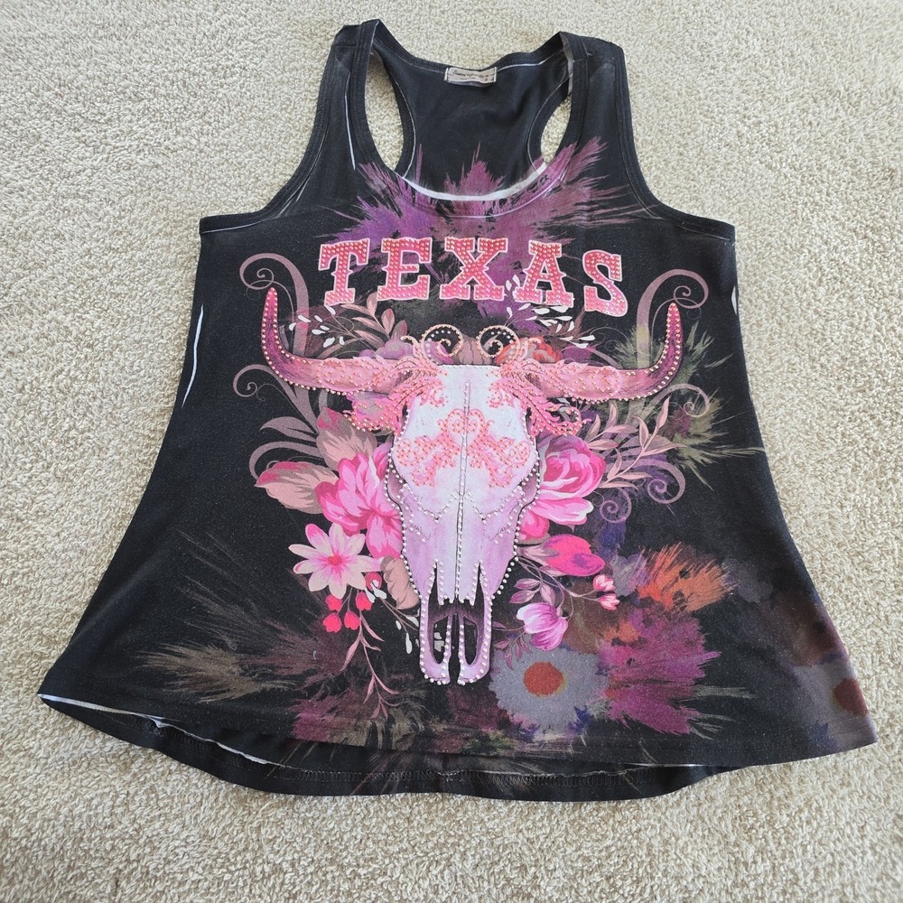 Sweet Gisele "Texas" Longhorn Skull Floral Rhinestones Tank Top Y2K Vibes Sz S